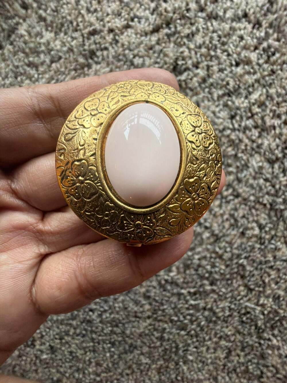 Vintage Gold Tone Floral Embossed Pill Box with Pink Cabochon